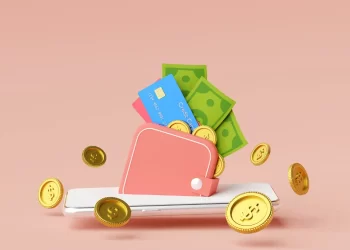 Digital banking concept with a wallet emerging from a smartphone screen shows various currency forms like cards, coins, and notes.