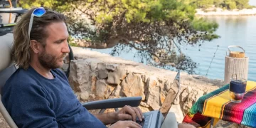 Digital nomad leveraging travel technology for seamless remote work.