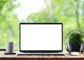 Sustainable workspace with a laptop in a natural setting