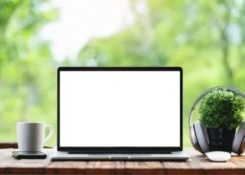 Sustainable workspace with a laptop in a natural setting