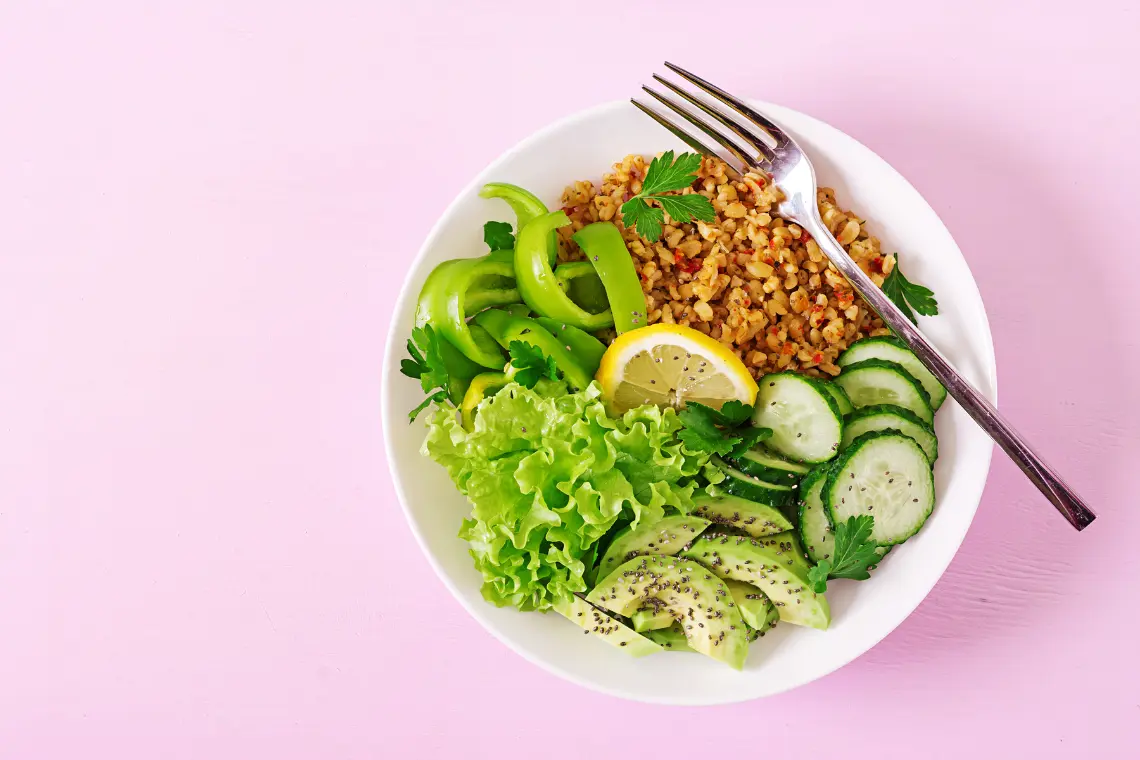 Fresh, healthy meal with grains and greens, perfect for a digital nomad's diet.