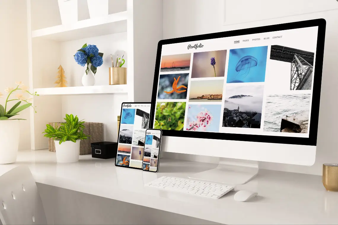 Sleek workspace setup with a computer and mobile devices.